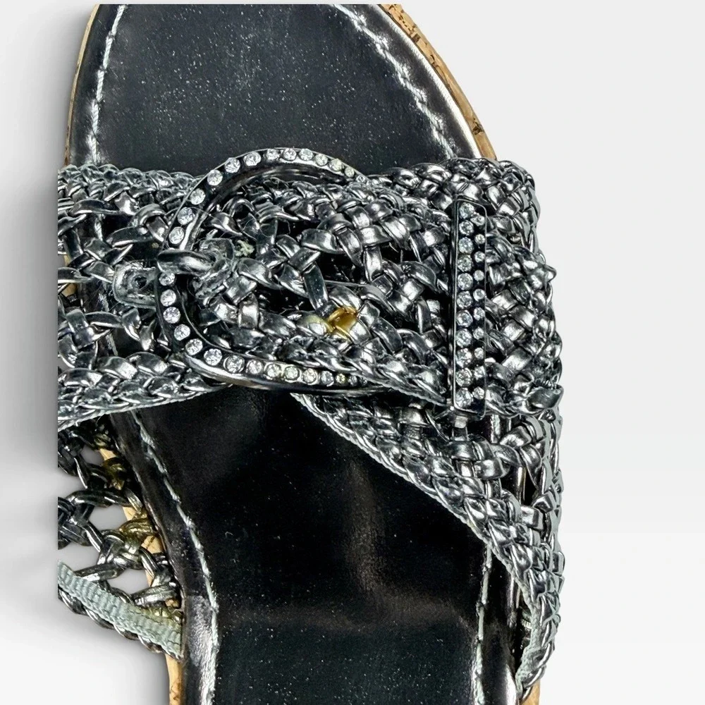 Yellow Box Debbie Wedge Sandals Womens 10 Pewter Woven Rhinestone Buckle